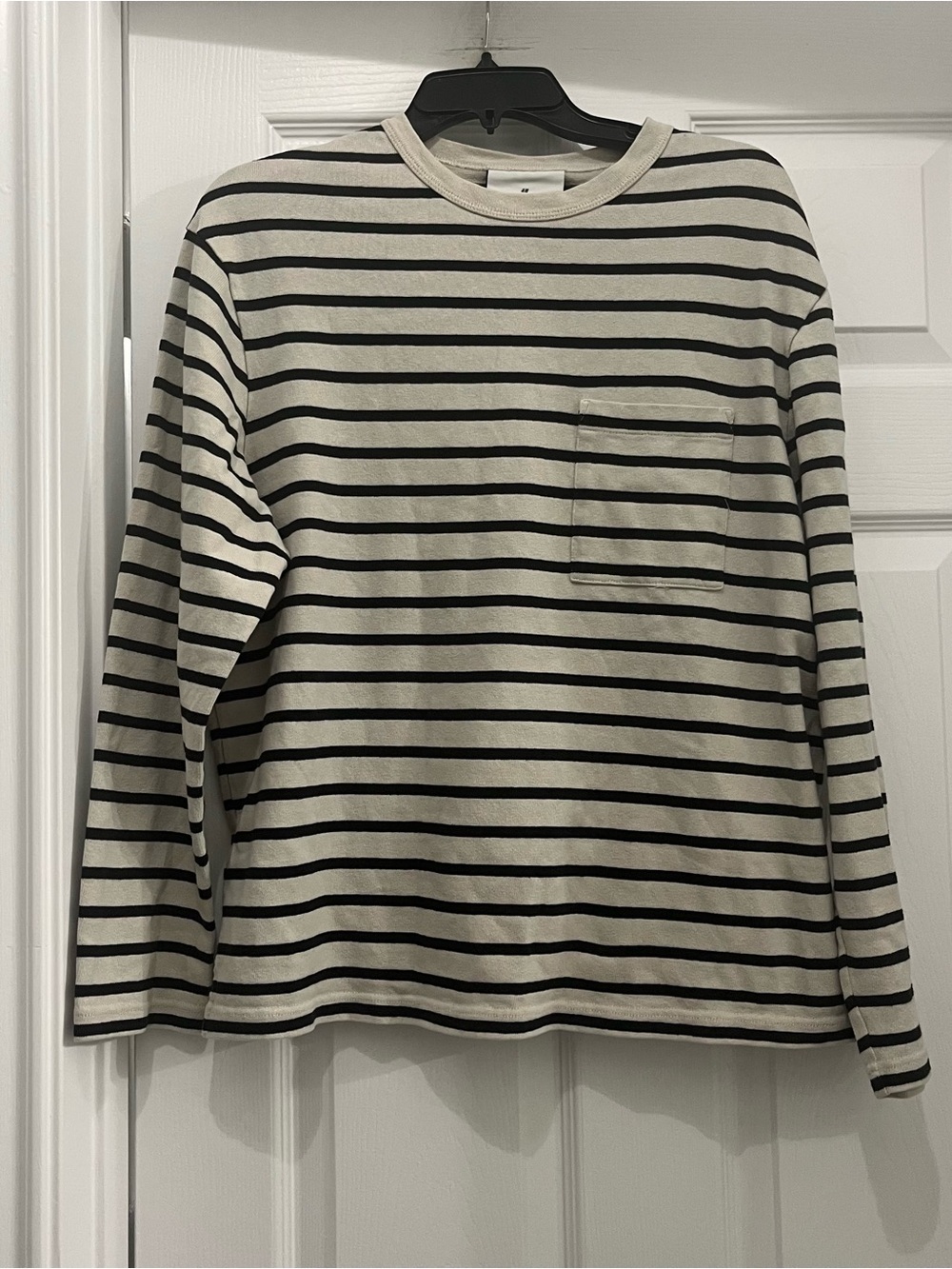 H&M Cream and Black Striped Long-Sleeve Pocket Tee